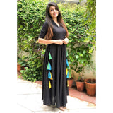 BLACK RAYON DRESS WITH MULTICOLORED TASSELS(DRE016)